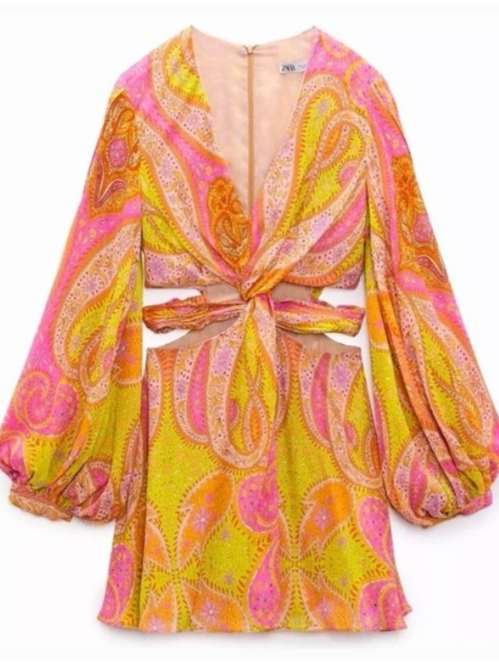 Zara Womens XL Paisley Print Cut Out Romper Pink Orange Long Sleeve 7631/044